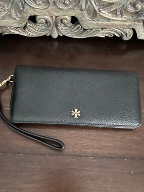 Tory Burch Black Leather Wristlet with Gold Logo Accent